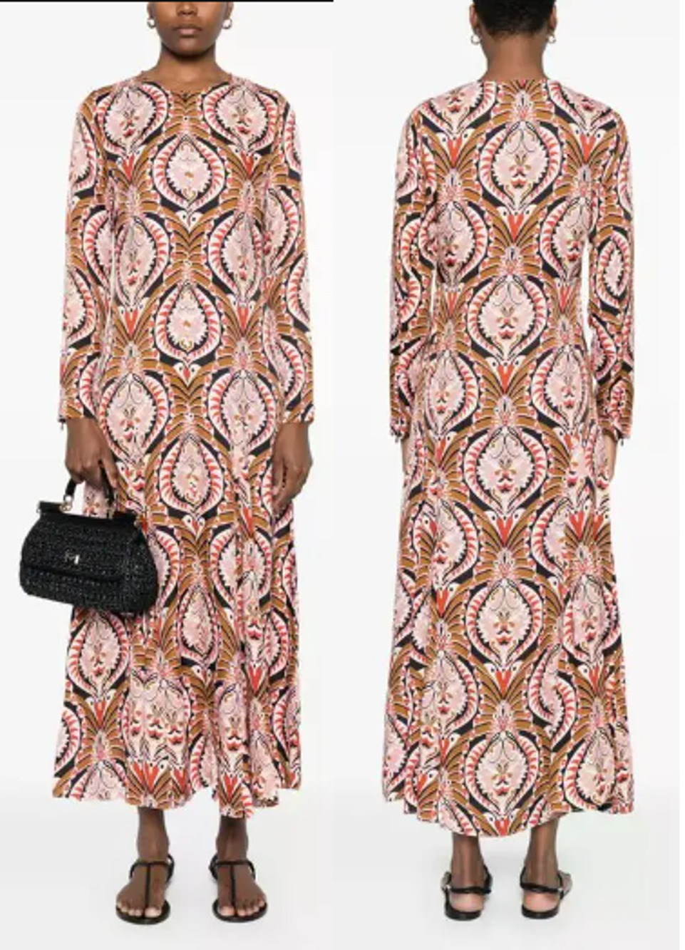 Farm Rio Pineapple Jewelry Long Sleeve Maxi Dress Pink Brown Women's Medium